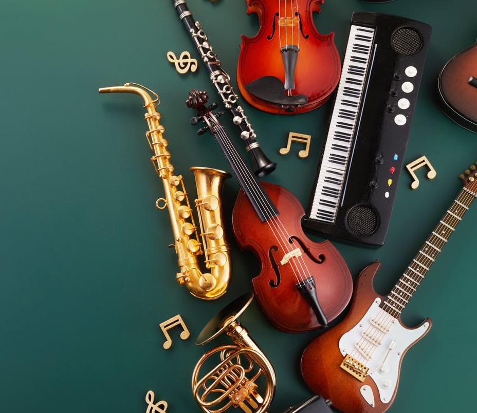 Music theory lesson with instruments and sheet music